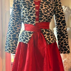 Leopard Print Blazer with Red Taffeta Skirt